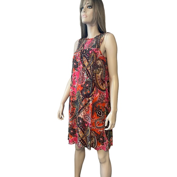 Chetta B Paisley Shift Dress Flowy Colorful Sleeveless Keyhole Shirred Smocked - Picture 7 of 16